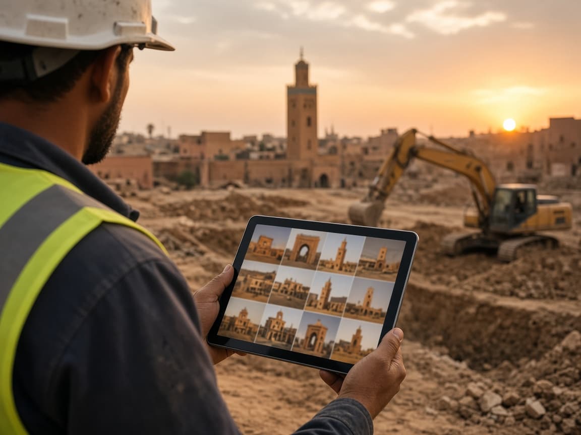 Construction professional reviewing projects on a tablet at a job site