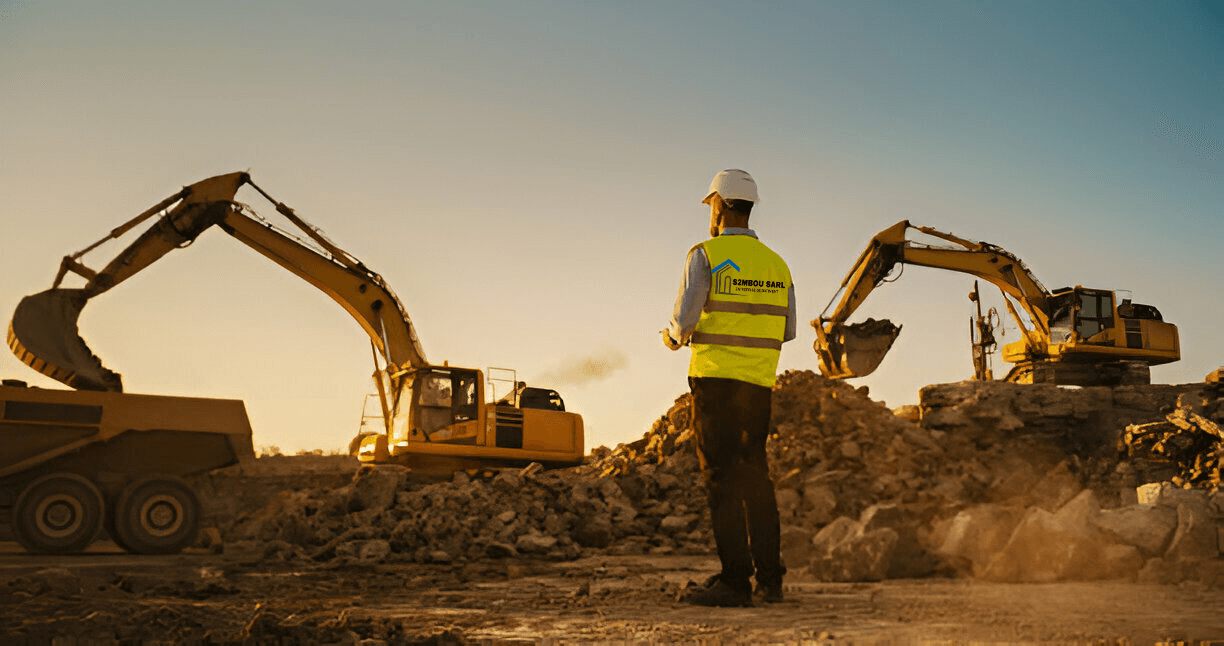 Site manager supervising excavators on a construction site at sunset